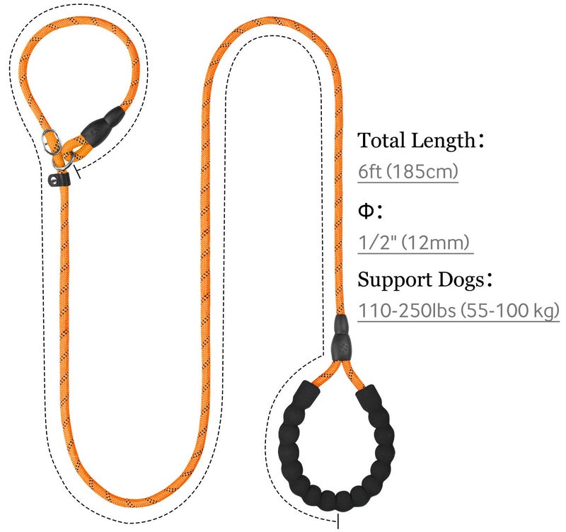 TagME Slip Leads for Dogs, 6 FT Heavy Duty Slip Leash with Padded Handle, Strong Rope No Pull Pet Training Leash for Large Dogs,Orange - Image 2